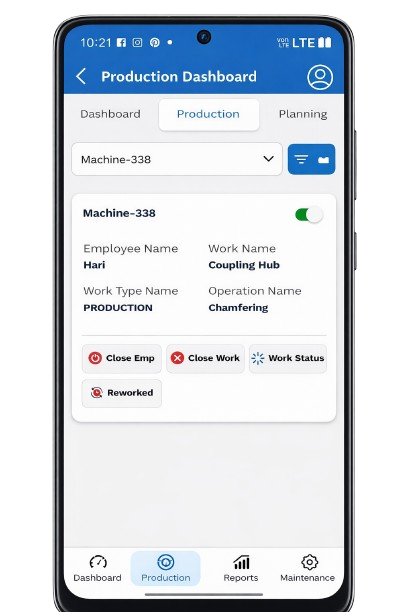 M-Connect work order screen showing output per machine for the current shift